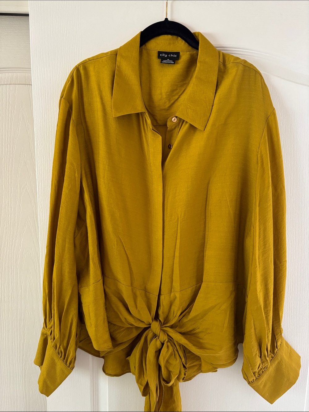 City Chic Old Gold Winnie Tie-Front Satin Shirt. SZ 22W-XL